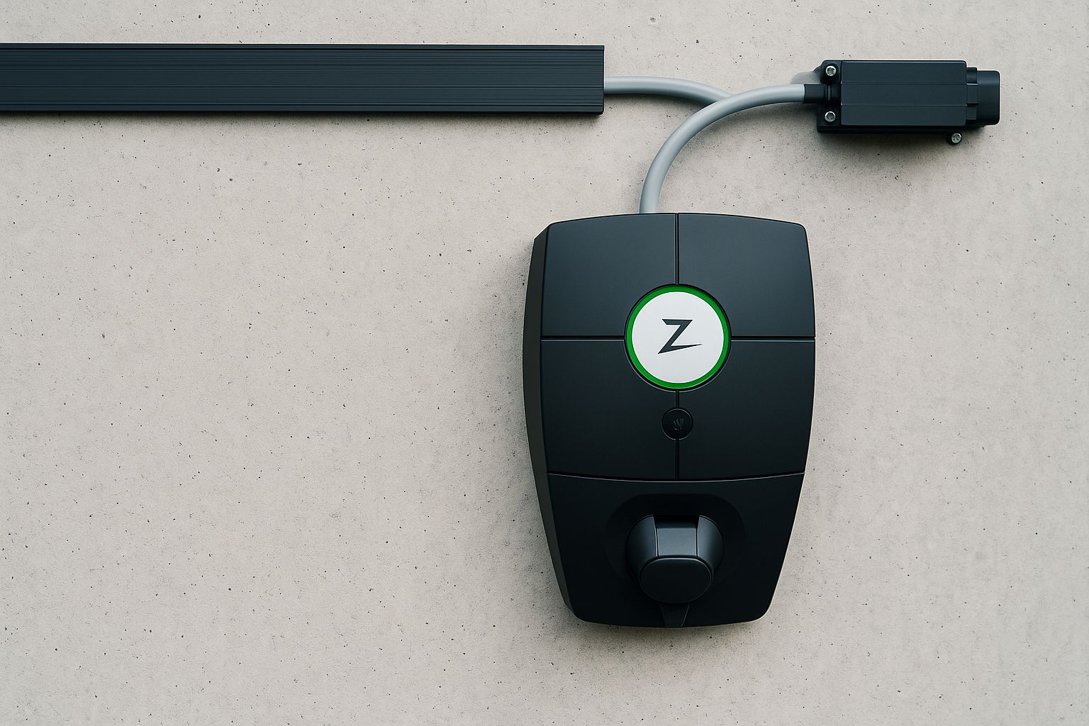 Musta Zaptec Pro -latausasema, jossa vihreä Z-logo, harmaalla seinällä.