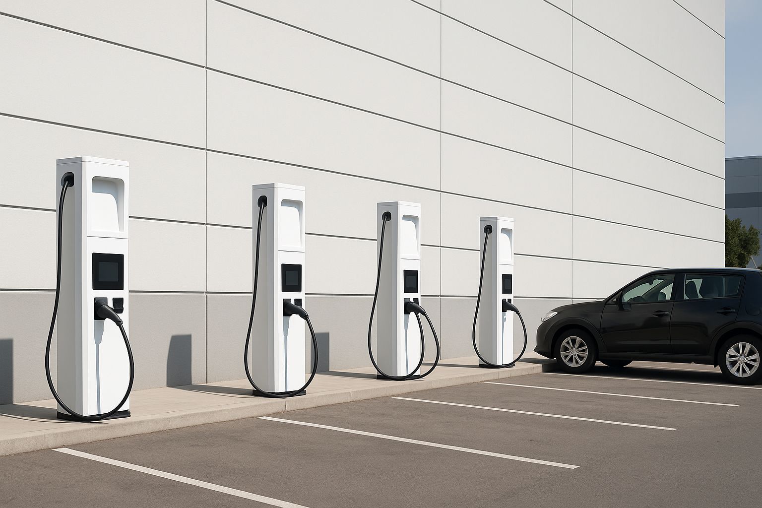 Neljä latausasemaa rivissä parkkipaikalla, joista yhdessä kiinni musta auto.